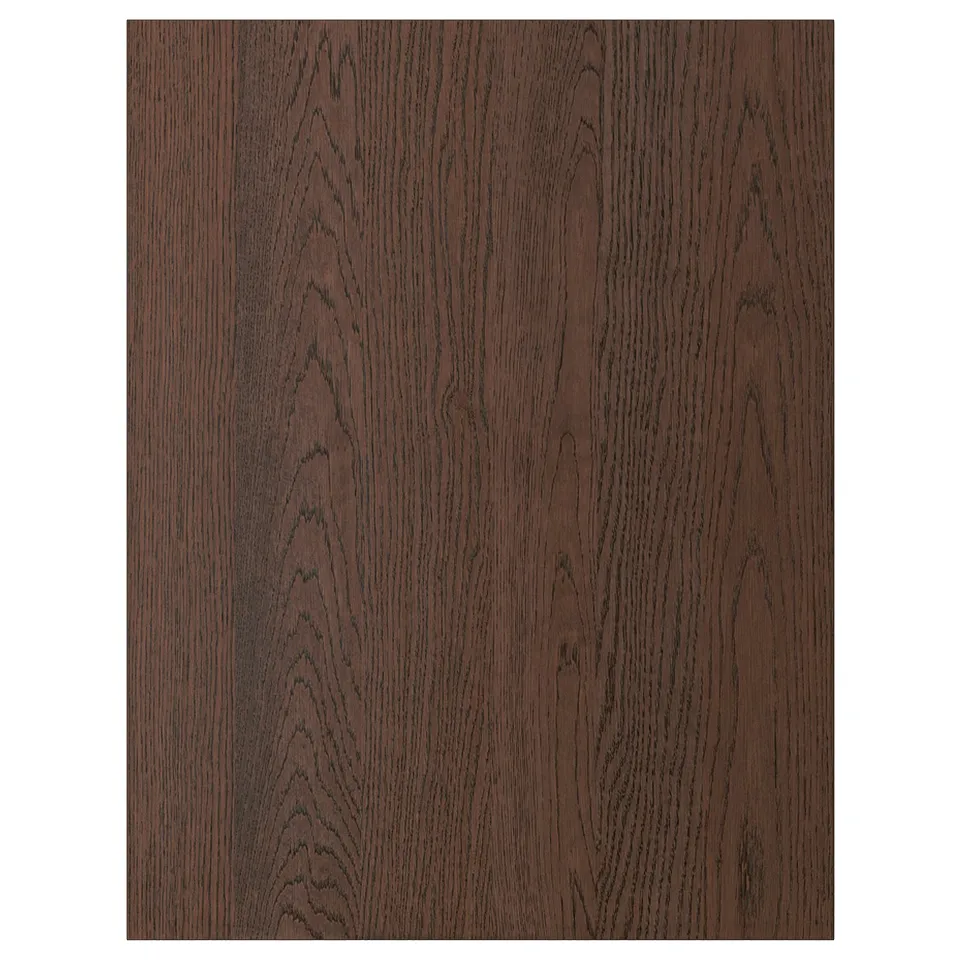 SINARP dark wood fronts, oak veneer, particleboard base, elegant solid oak edging, timeless modern design.