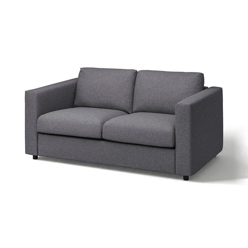 A modern grey VIMLE sofa with a sleek design and minimalist style, featuring a two-seater configuration and a durable fabric cover.