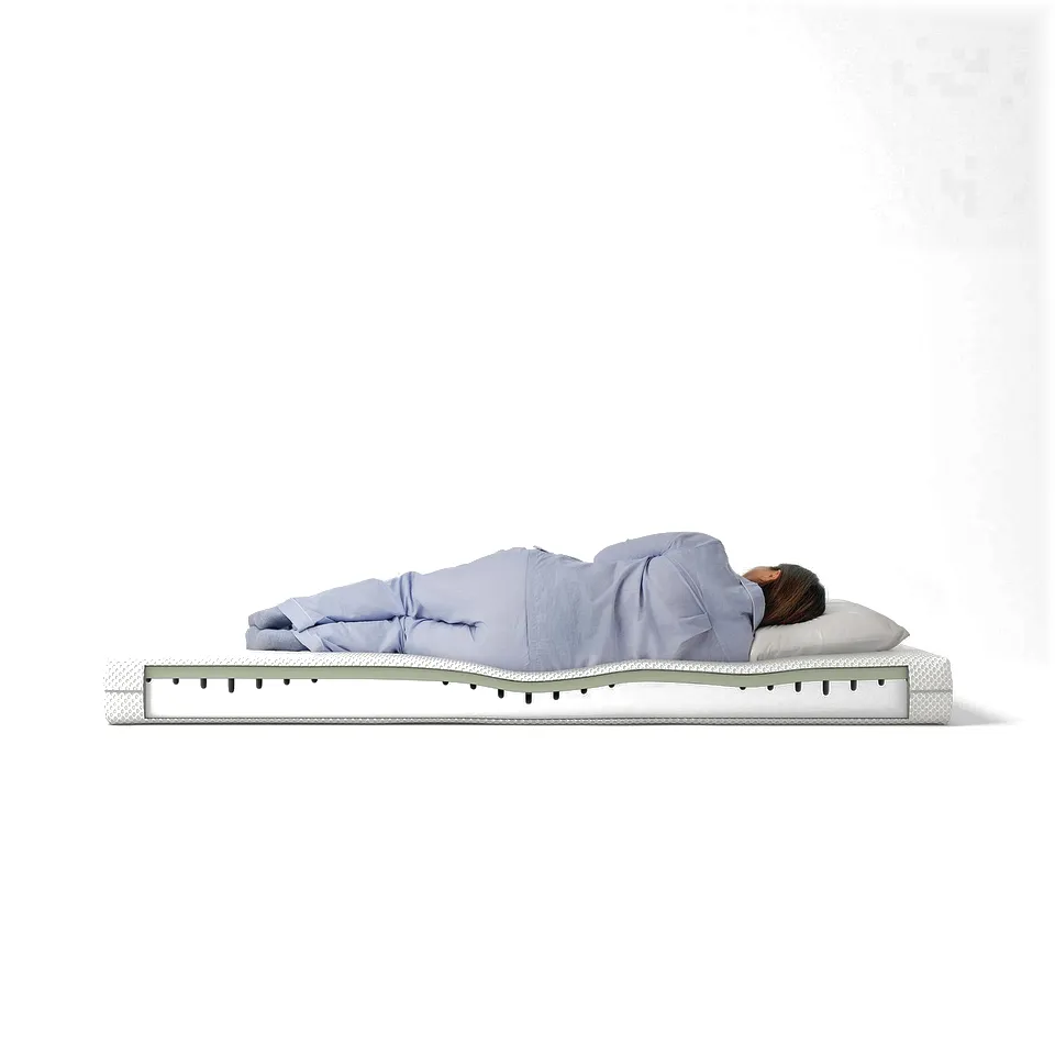 A person sleeps on a blue ÅBYGDA memory foam mattress, showcasing its design and comfort zones.