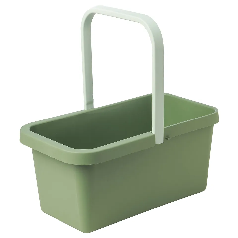 The PEPPRIG cleaning bucket is olive green, a handle, and has a textured bottom for easy mop cleaning.