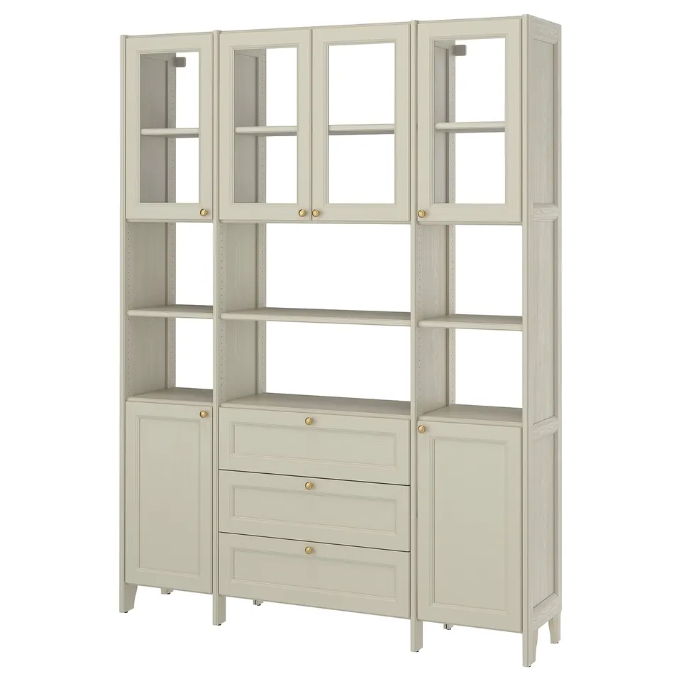 GULDDRAGARE Storage combination, beige clear glass/with doors and shelves with 3 drawers, 162x37x216 cm