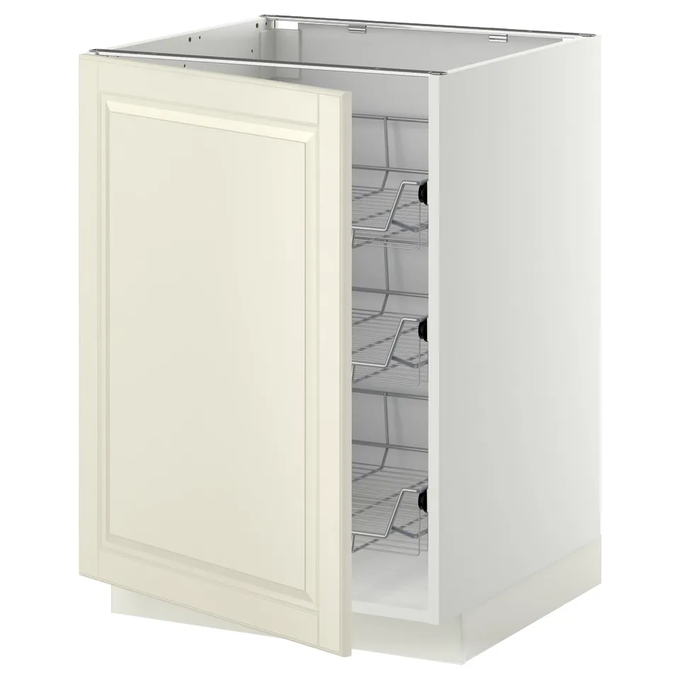 A white METOD kitchen cabinet with off-white bodbyn doors and chrome wire shelves.