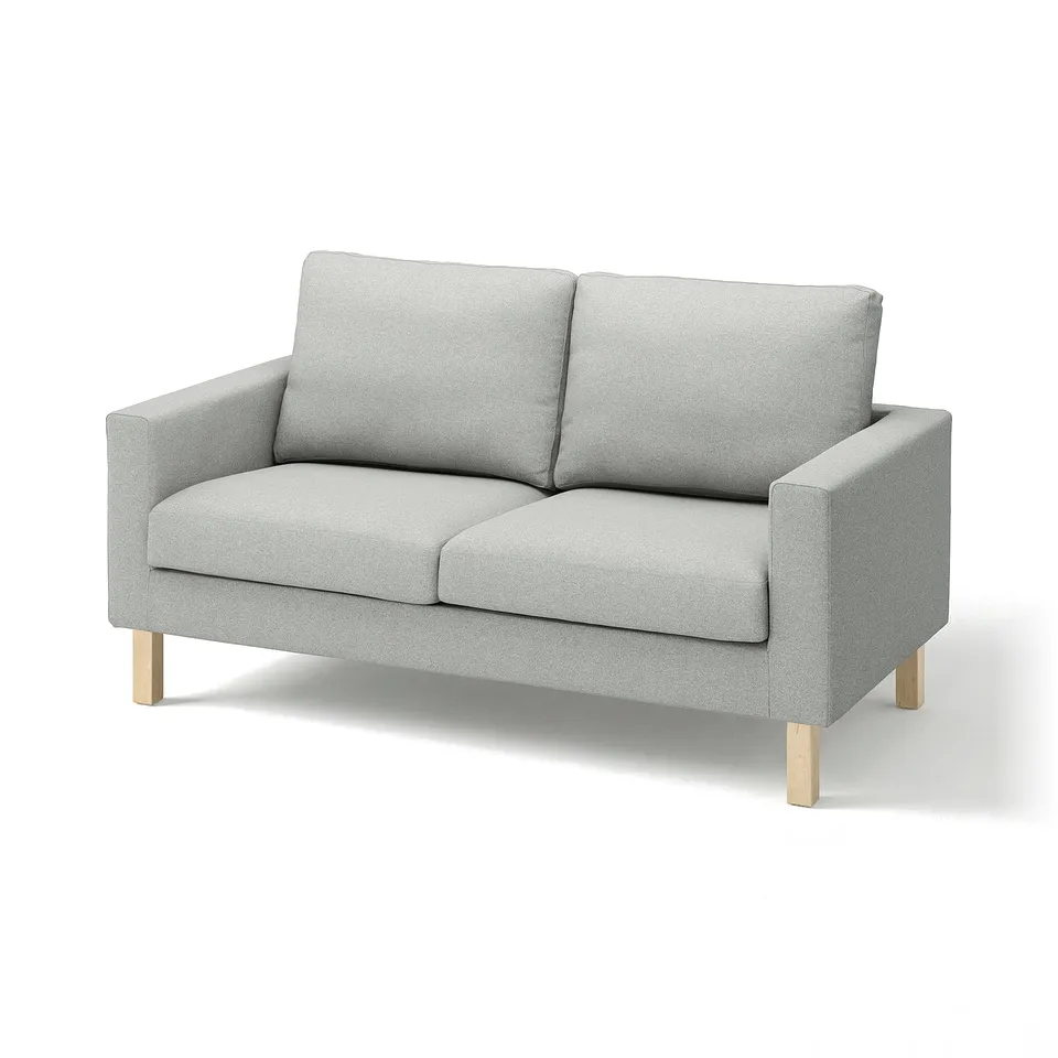 Modern grey fabric sofa, light wood legs, clean lines, cosy design, minimalist style.