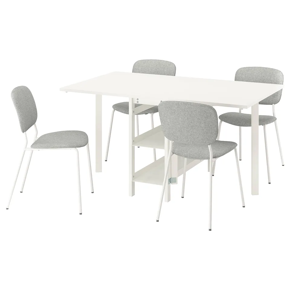 White modern dining set with 4 light grey cushioned chairs and adjustable table.