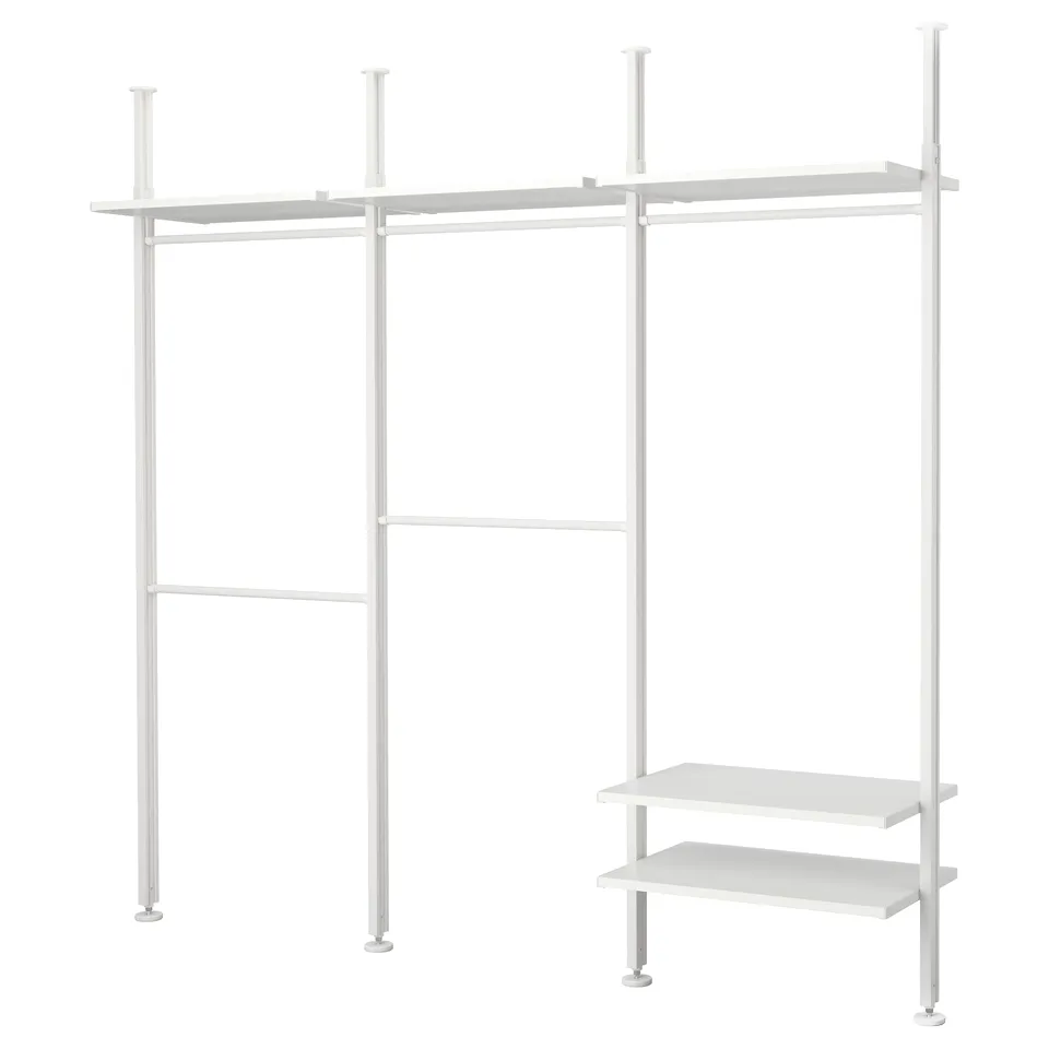 White ELVARLI storage system, adjustable shelves and rails, aluminium and steel, modern design.
