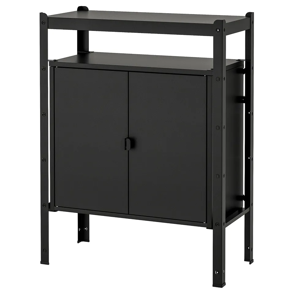 Black metal storage cabinet with open shelf top, two doors, and four legs.