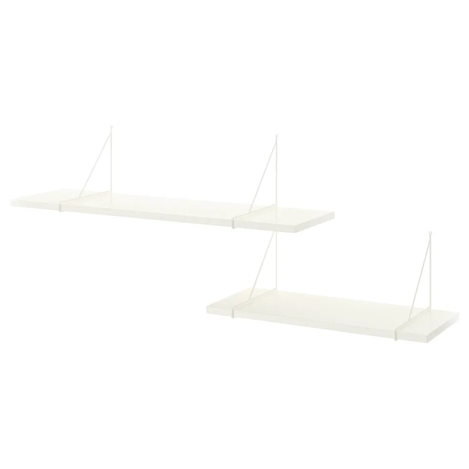 Two white wall-mounted shelves with triangular metal supports. Minimalist design for modern spaces.