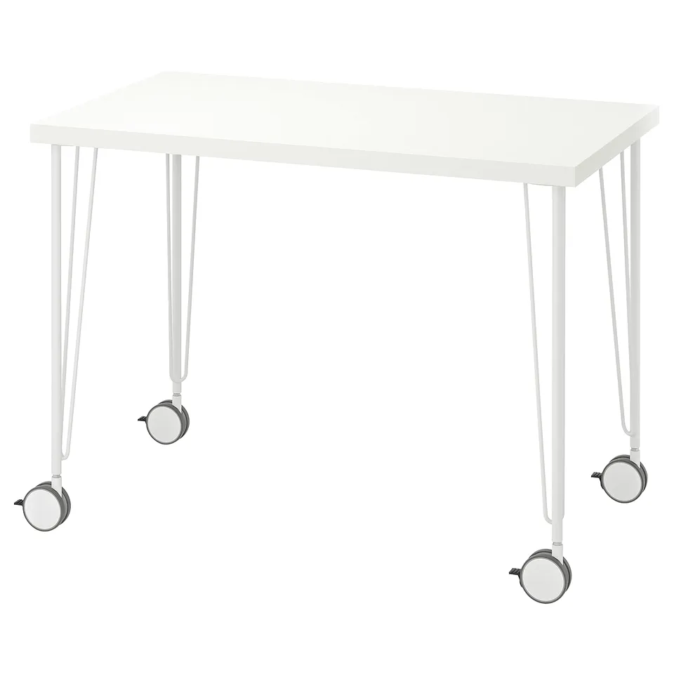 Presents a white LINNMON table with a rectangular top and four angled white legs, each ending in a black wheel.