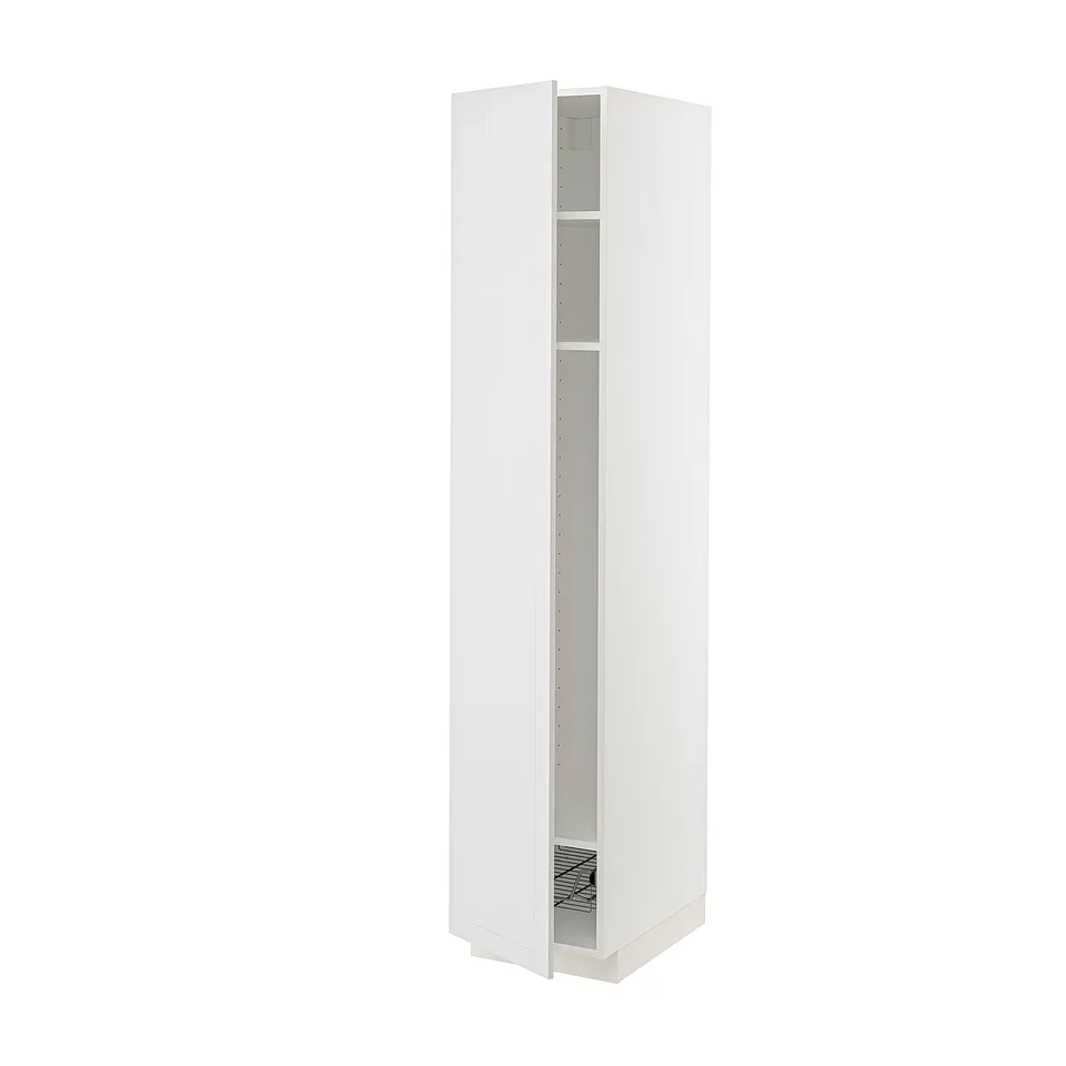 A white METOD tall kitchen cabinet. It has a sleek, rectangular design with a door that opens to reveal adjustable shelves and a wire basket.