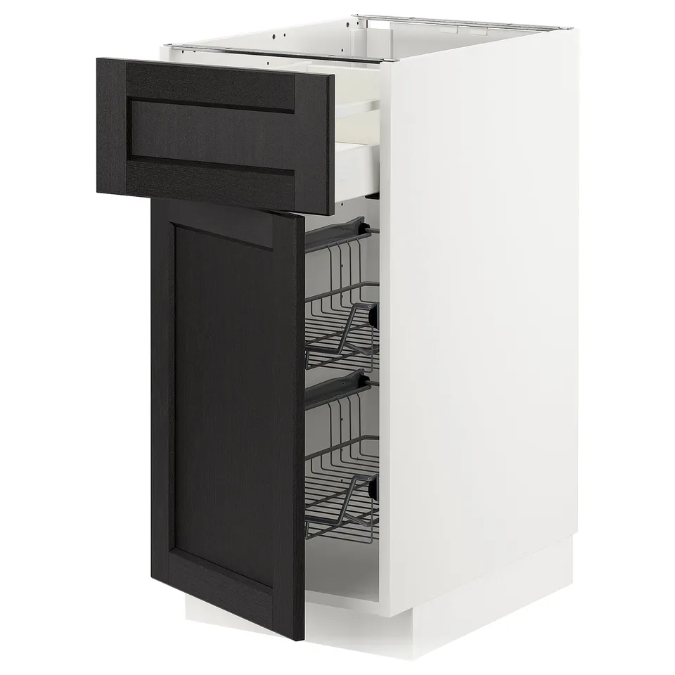 Ikea METOD kitchen cabinet in white with black stained drawer, wire baskets.