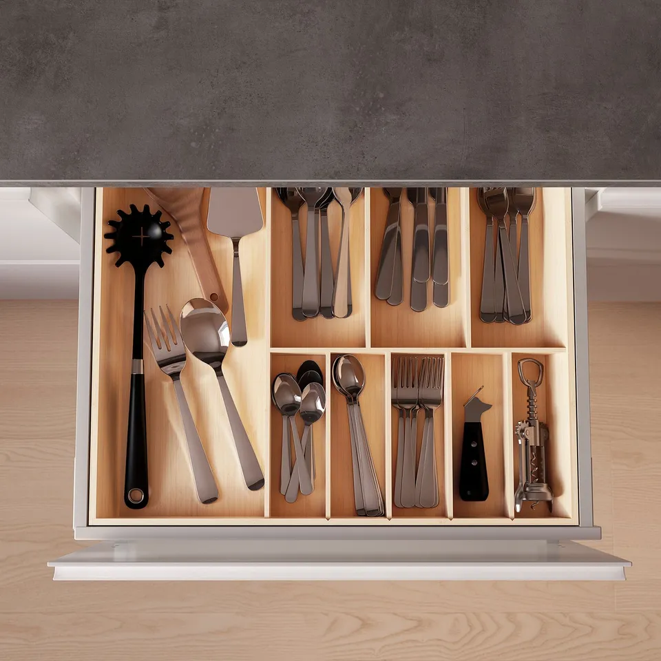 UPPDATERA bamboo cutlery tray organises kitchen drawer with compartments, protecting silverware, natural wood look.