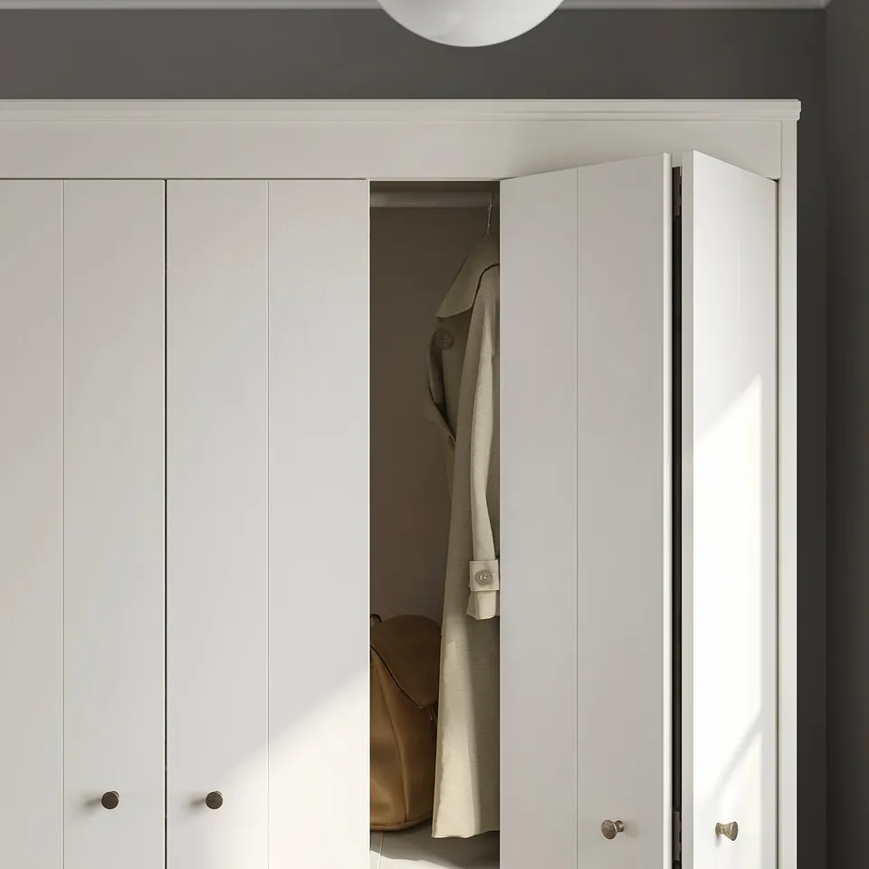 White IDANÄS wardrobe, partially open showing beige coat. Modern, minimalist design with adjustable shelves.
