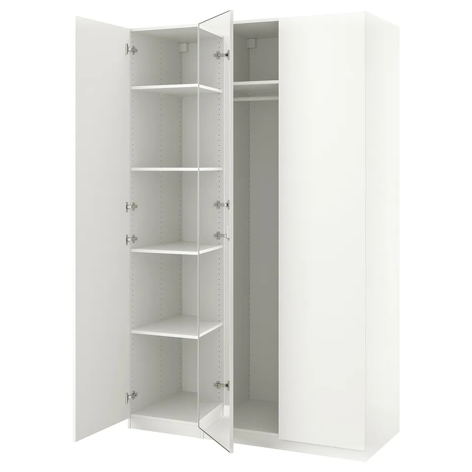 Depicts a white ikea PAX wardrobe with mirrored doors and adjustable shelves.