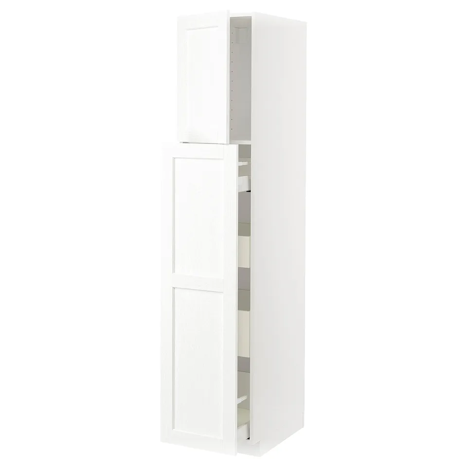 A white METOD kitchen cabinet with one open door, displaying its shelves.