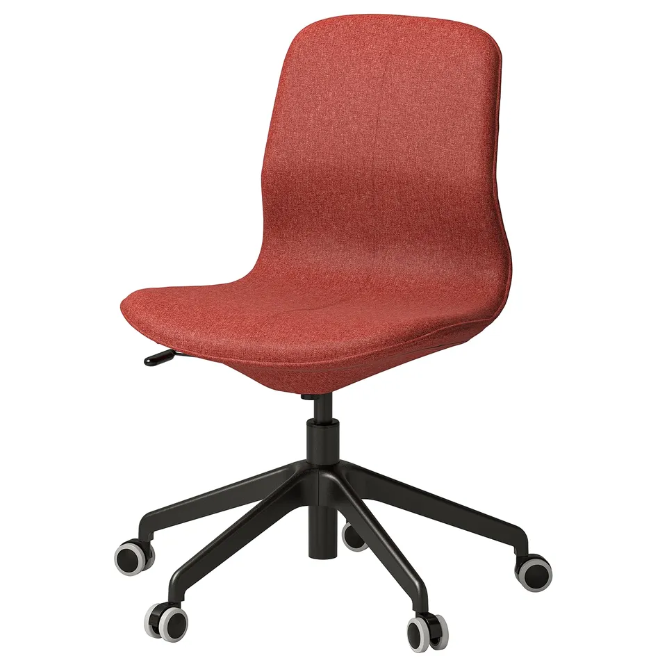 LÅNGFJÄLL office chair: bright red fabric seat, black metal base, five wheels, sleek curved design.
