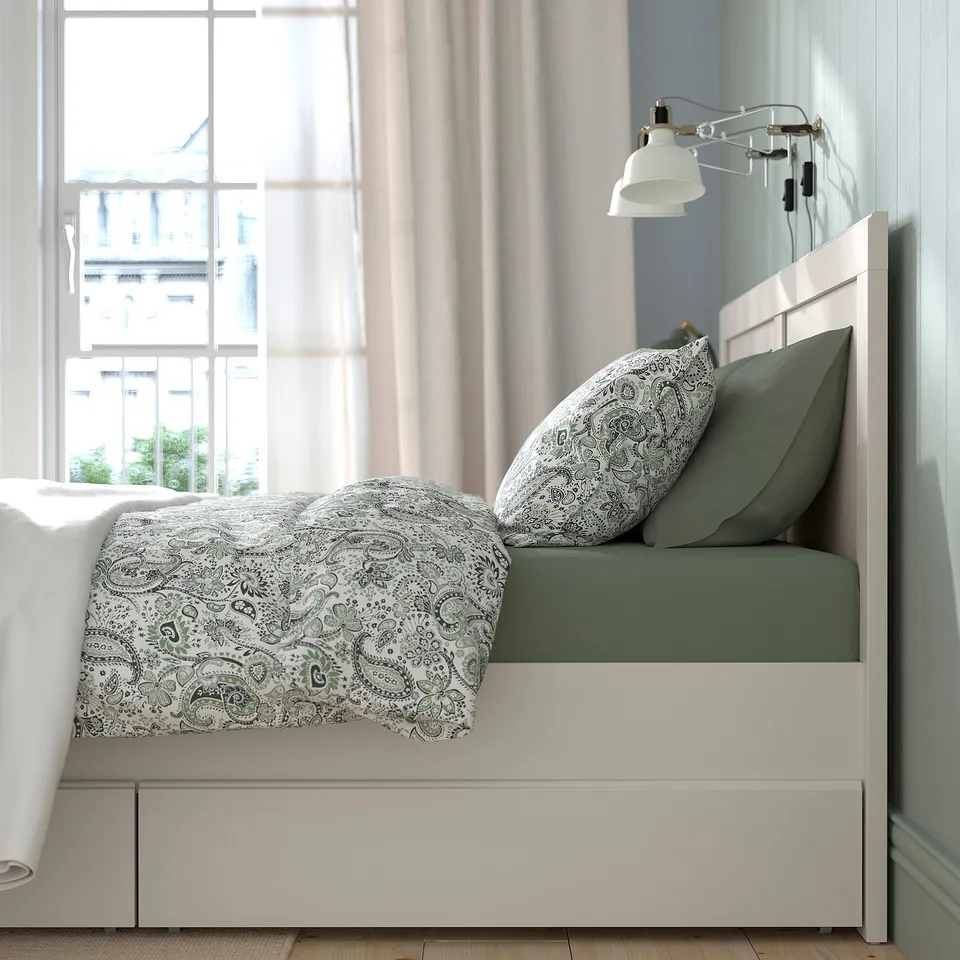 FÅGELFJÄLLET Bed frame with 2 storage boxes, off-white/Luröy, 150x200 cm