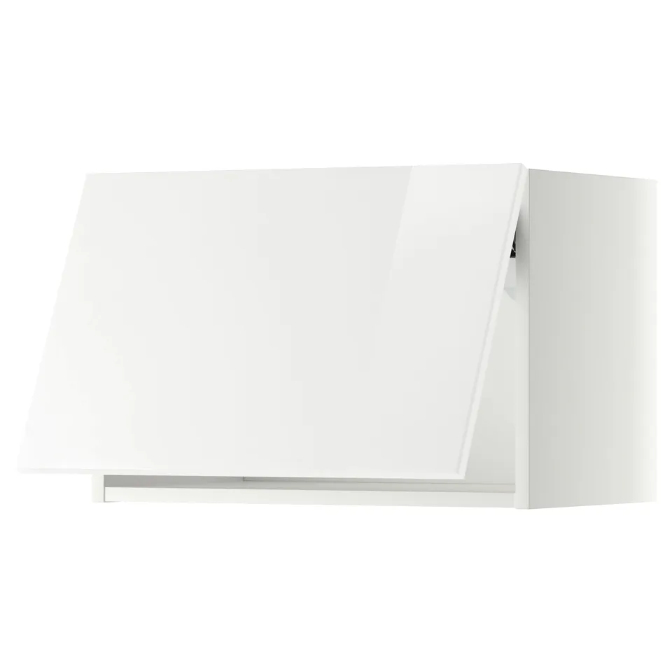 White high-gloss METOD kitchen cabinet, sleek, rectangular with modern design.