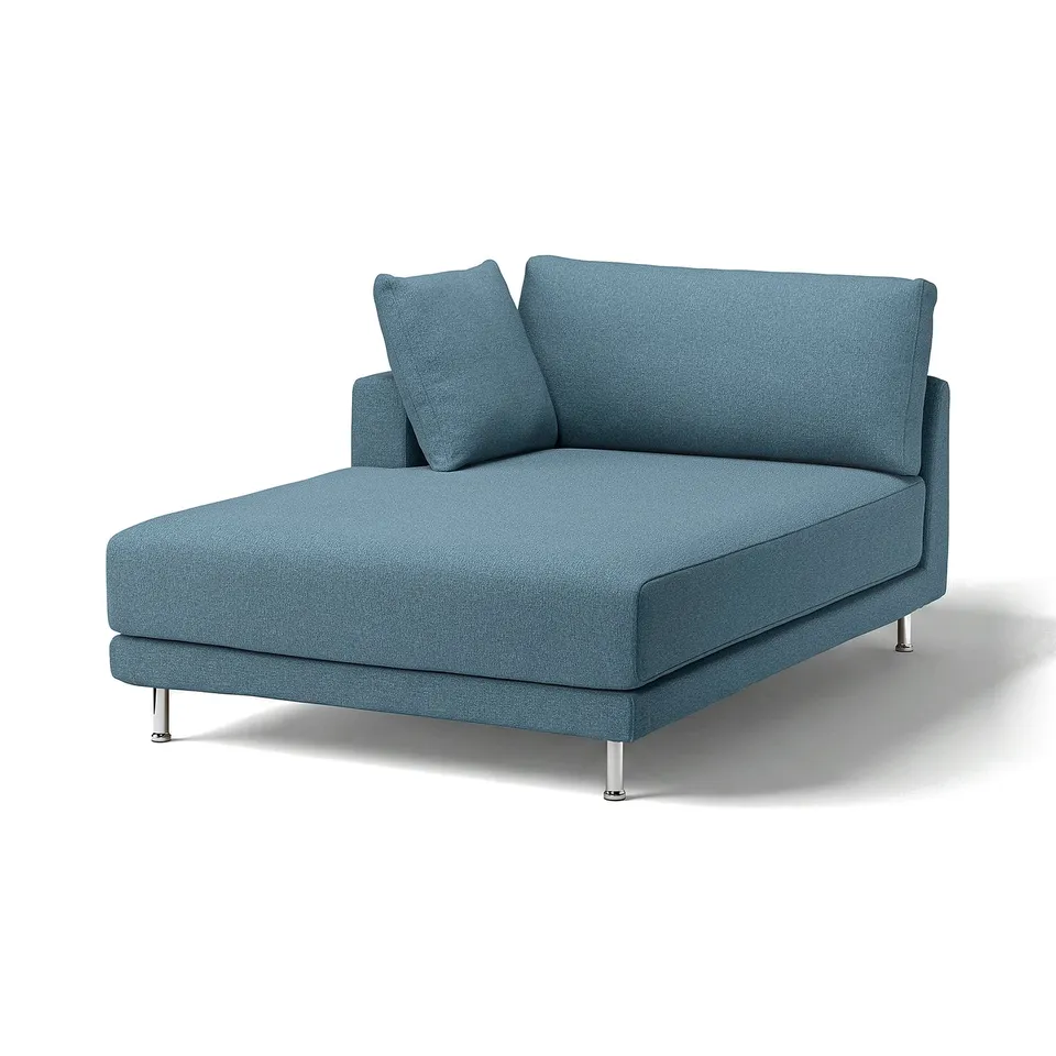 Blue modern sofa with chrome legs, soft fabric cover, angular design.