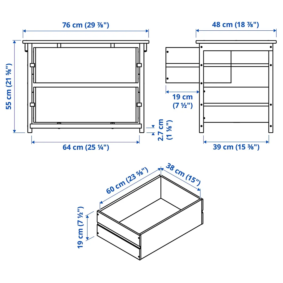 KRONÖREN Chest of 2 drawers, pine, 76x48x55 cm