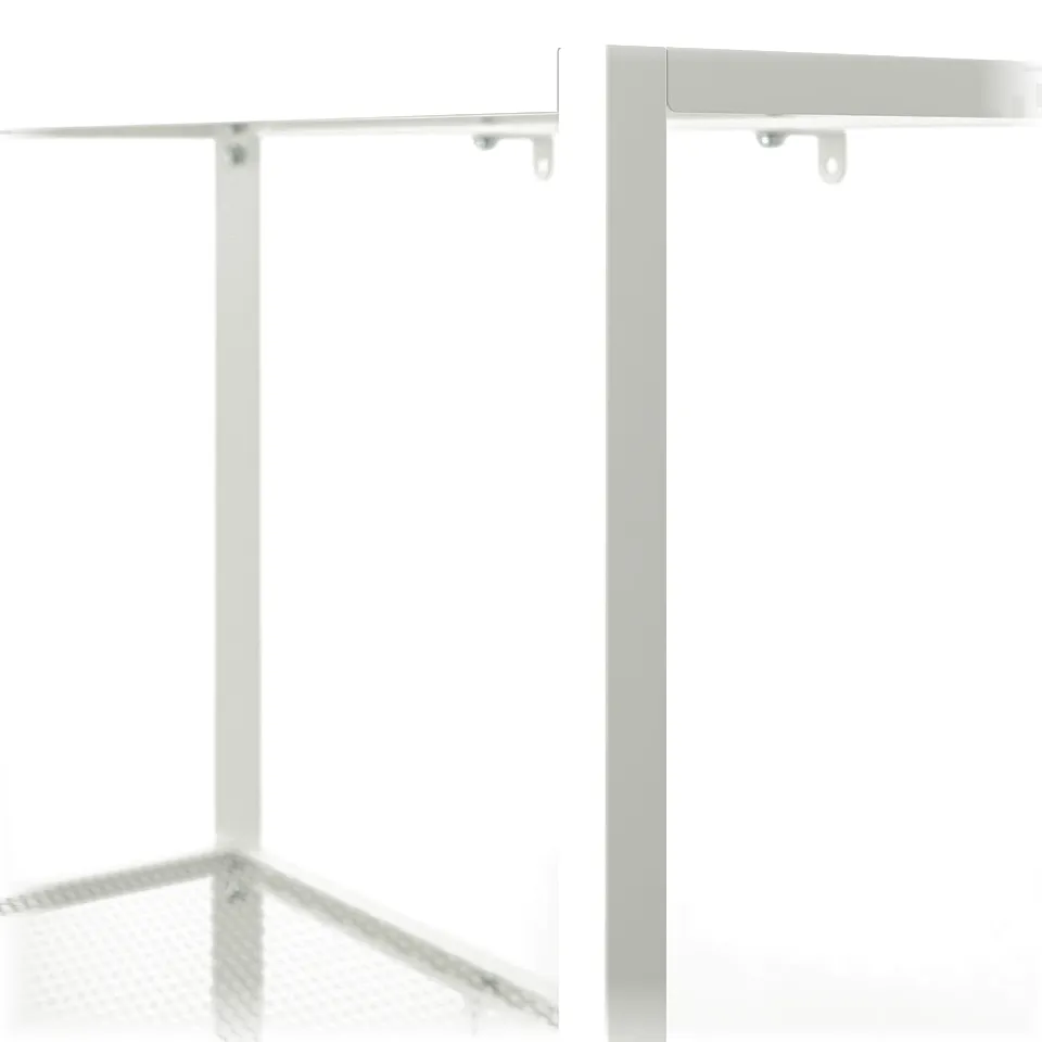 Crisp close-up of BAGGEBO shelving; sleek metal frame, mesh shelves, clean design.