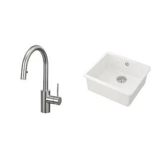 HAVSEN/SALLSJÖN set: inset sink, 1 bowl + kitchen mixer tap pull out, stainless steel colour + white, Height 370 mm