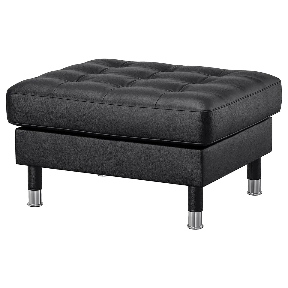 LANDSKRONA black leather footstool, square, four chrome legs.