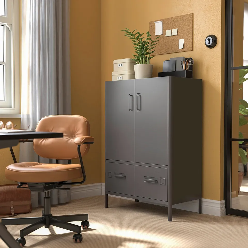 Black IDÅSEN cabinet in office with 2 doors & drawers