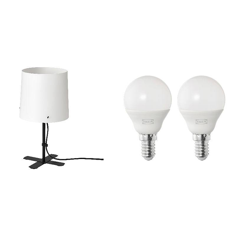 BARLAST/SOLHETTA set: table lamp + LED bulb E14 470 lumen, black/white + globe opal white, 31 cm