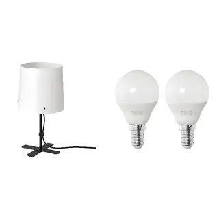 BARLAST/SOLHETTA set: table lamp + LED bulb E14 470 lumen, black/white + globe opal white, 31 cm