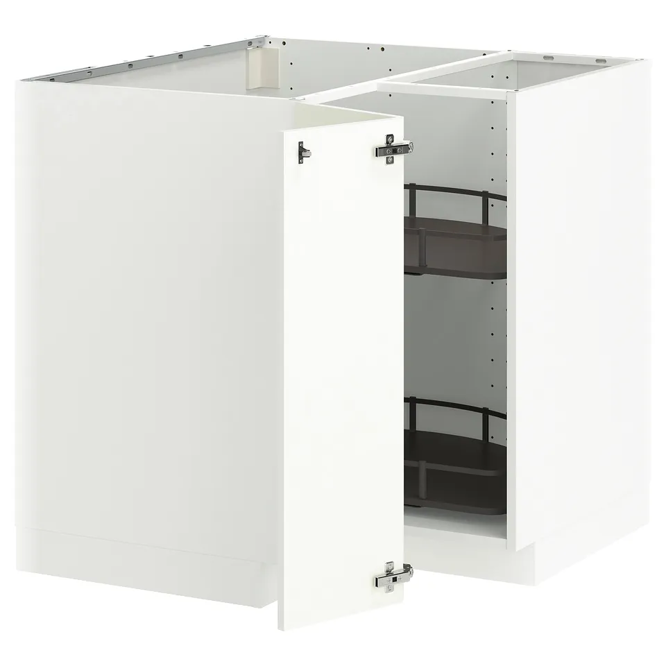 White METOD kitchen corner cabinet with shelves.