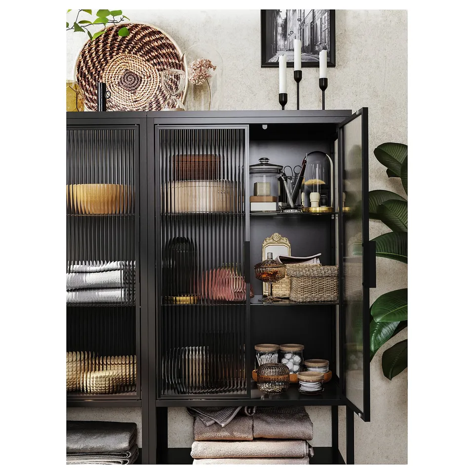 MOSSJÖN Glass-door cabinet with 2 doors, anthracite, 60x34x146 cm