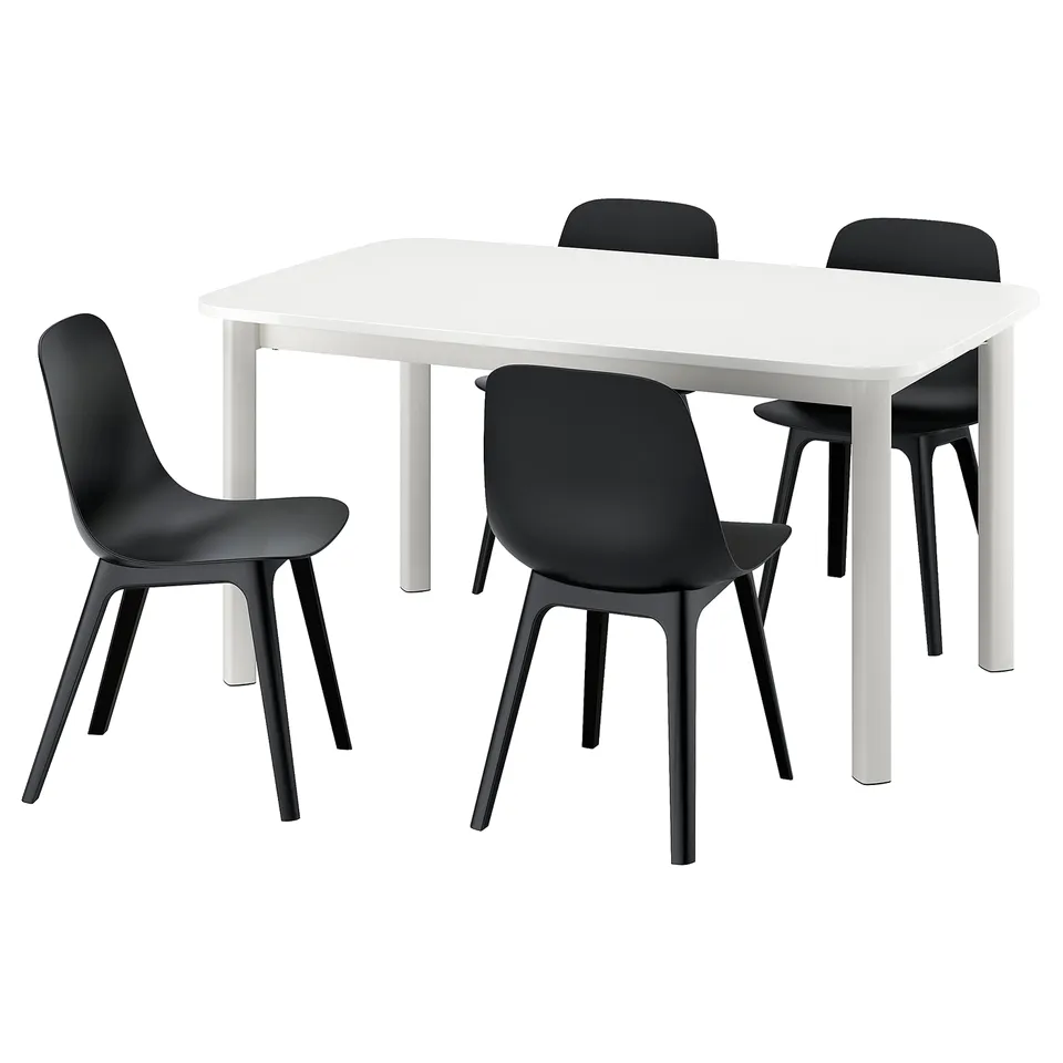 Modern white dining set with 4 black comfortable chairs, sleek and extendable.