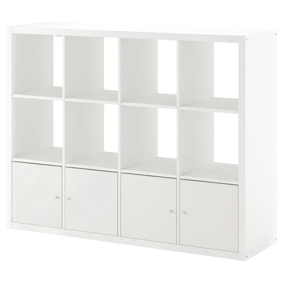 A white ikea KALLAX shelf unit with six compartments, three with doors and three open shelves.