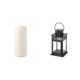 BORRBY/FENOMEN set: unscented pillar candle + lantern for block candle, natural + in/outdoor black, 14 cm 45 hr