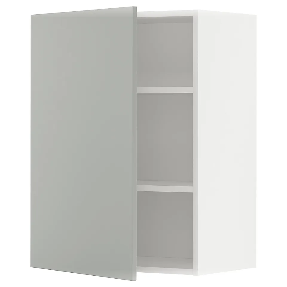 A white METOD wall cabinet with two shelves. It a modern, clean design with a light grey finish and a flat surface.