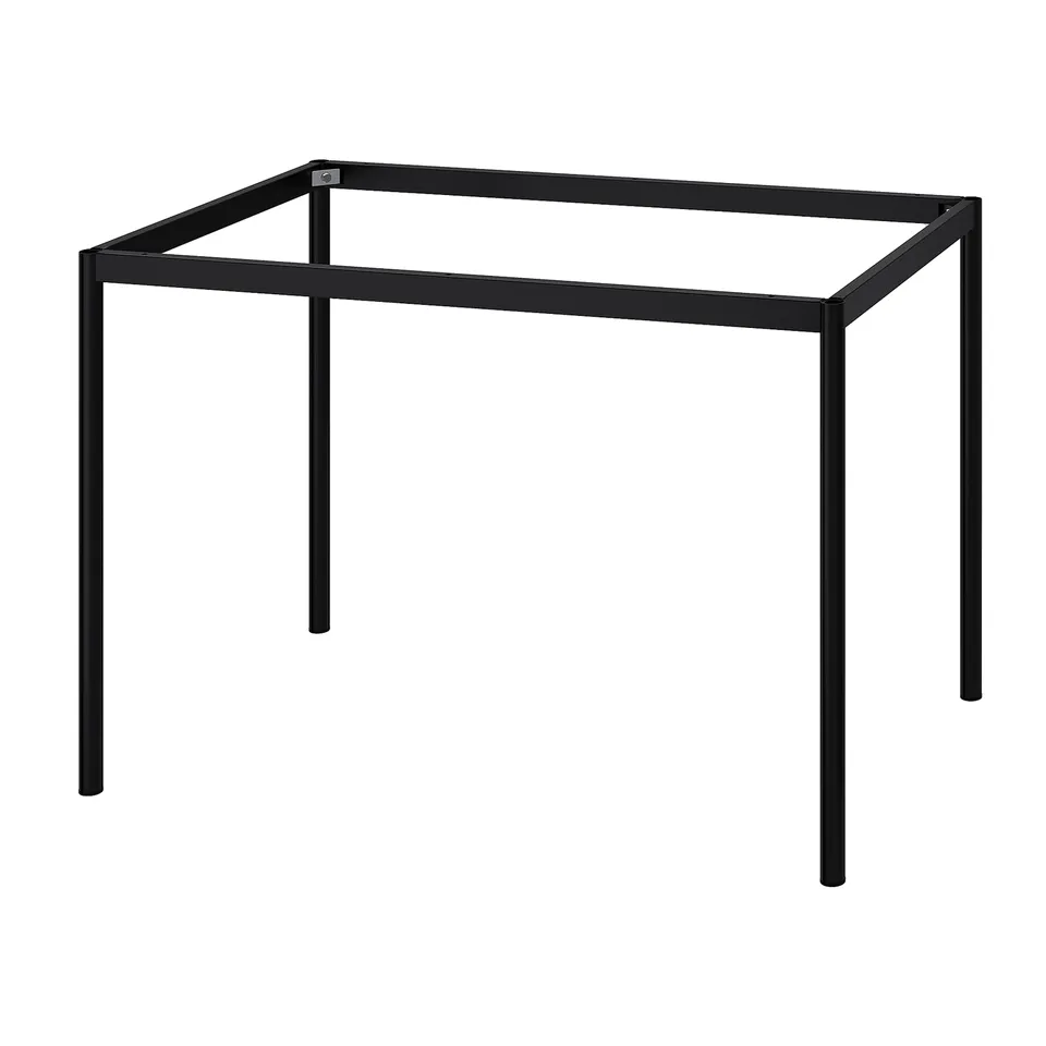 The sandberg table base is black, square, and modern with steel legs and plastic feet.