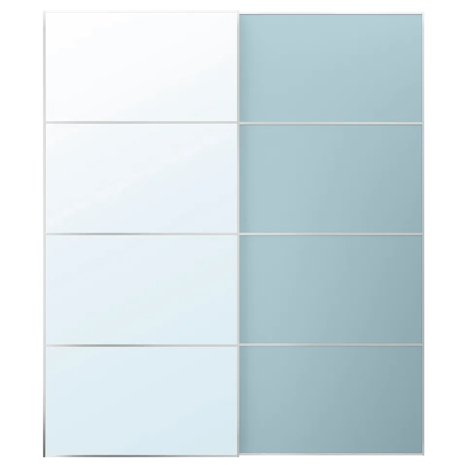 Two ikea pax wardrobe doors, one white and one light blue, in a rectangular shape with a modern design.