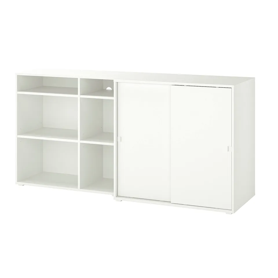 White VIHALS storage set: open shelves and sliding door cabinet, modern minimalist design.