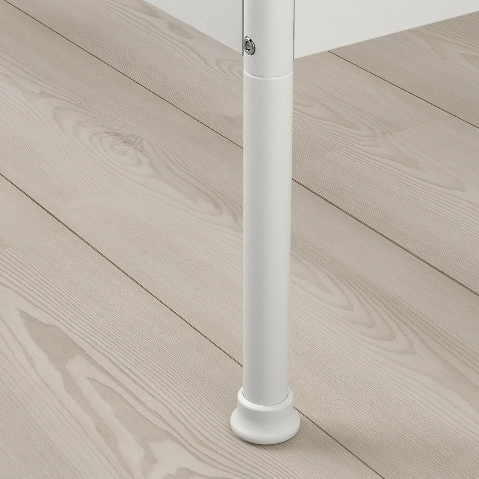 Close-up of sturdy MELLGRUND bed leg, showcasing robust, powder-coated steel and anti-scratch base.