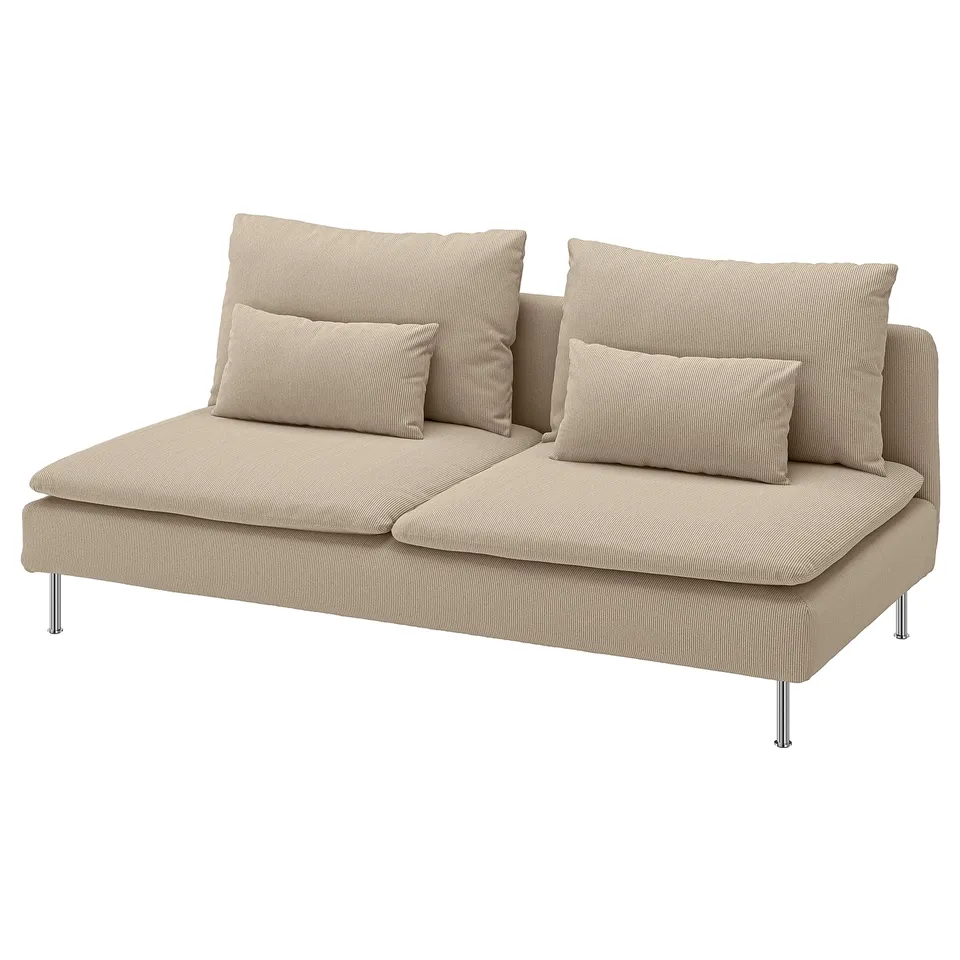 A beige SÖDERHAMN sofa with a sleek design, featuring metal legs and soft, removable, machine-washable polyester fabric.