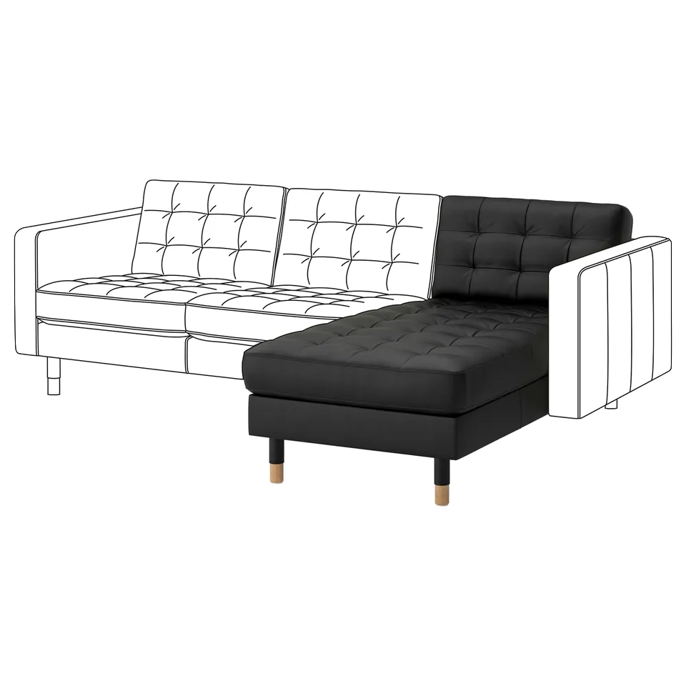 Black l-shaped leather sofa with tufted seat and back, angled for corner placement.