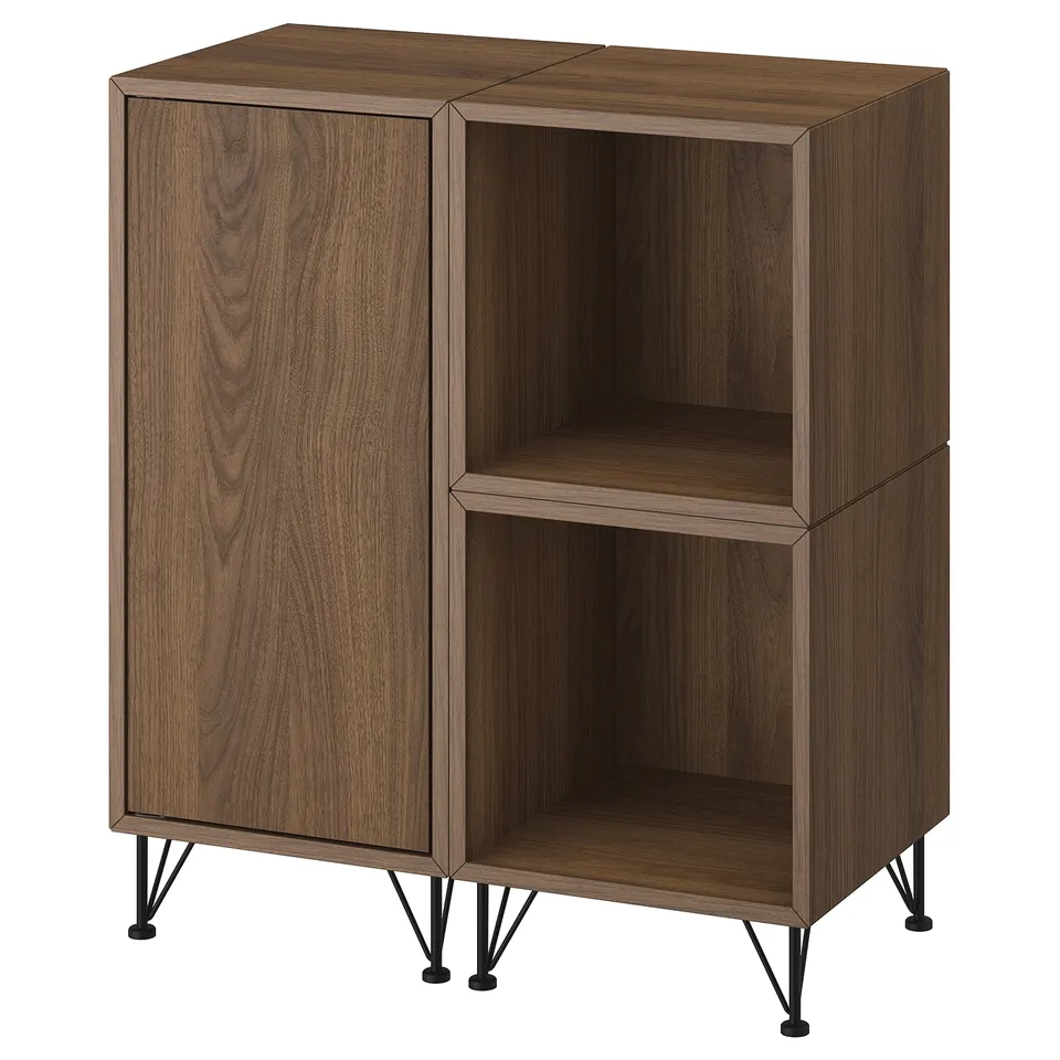 Wooden storage cabinet, brown, rectangular with open shelves and hairpin legs.