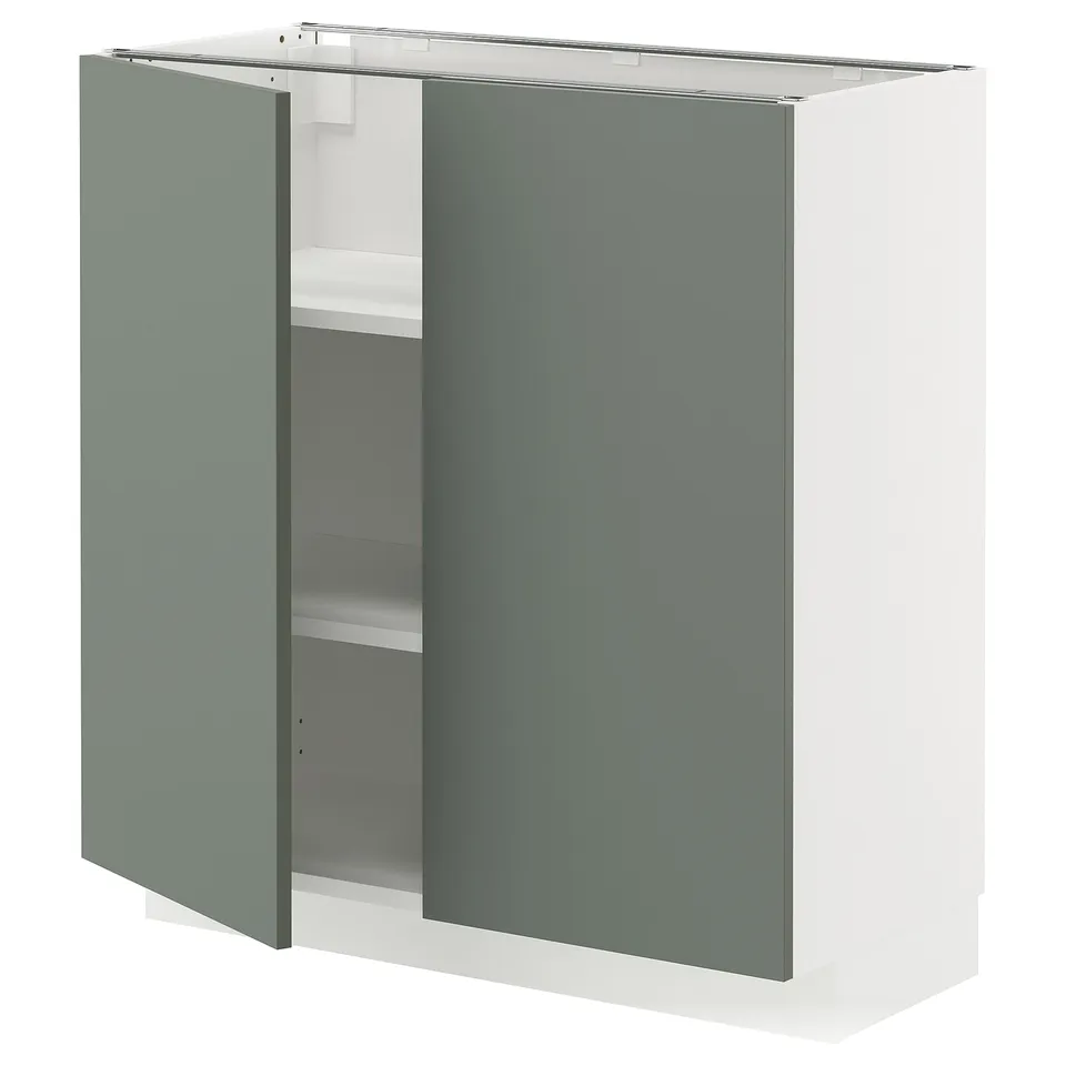 Modern cabinet with grey-green doors, white frame, and adjustable shelves.