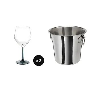 RÖDRÄKA/SOLDRÄNKT set: wine glass + wine cooler, blue-grey/clear glass + stainless steel, 50 cl