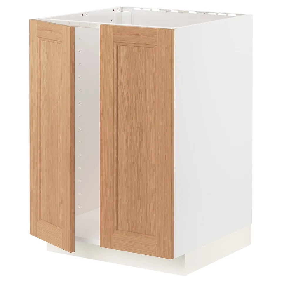 A white ikea METOD kitchen cabinet with wooden doors in a light oak finish. It two doors with paneled designs.