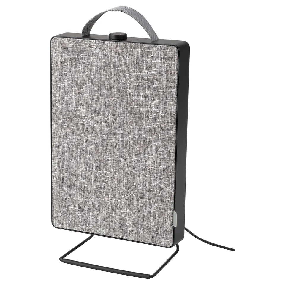 FÖRNUFTIG grey air purifier, rectangular shape, fabric front, plastic frame, wall or floor stand, black handle.