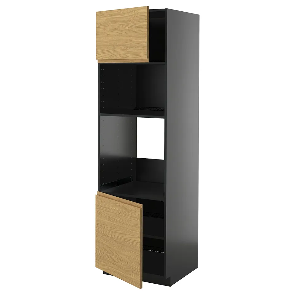 A black and oak kitchen cabinet unit with one door open, revealing shelves inside.
