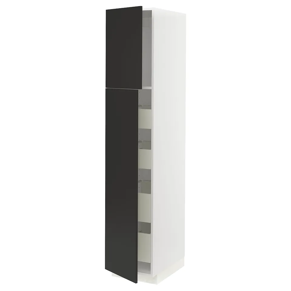 Modern cabinet: METOD with black nickebo doors, sleek & tall, white frame, with adjustable shelves.