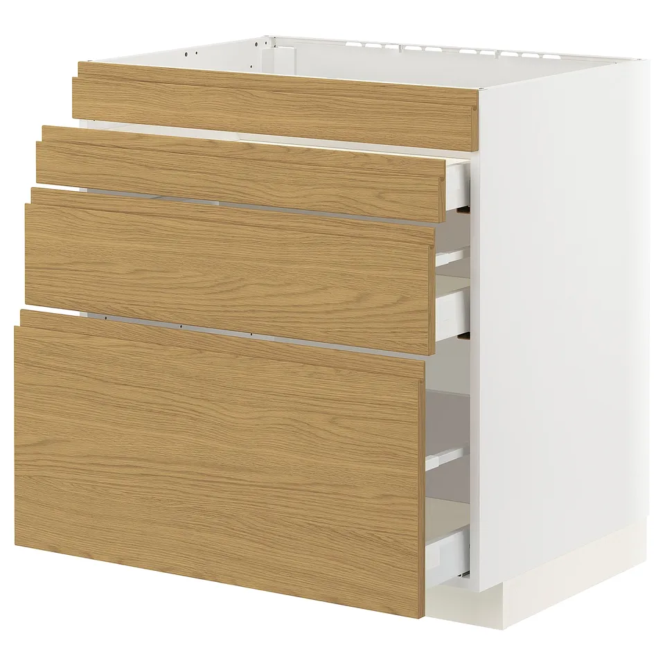 White and oak METOD kitchen cabinet with three drawers, minimalist design.