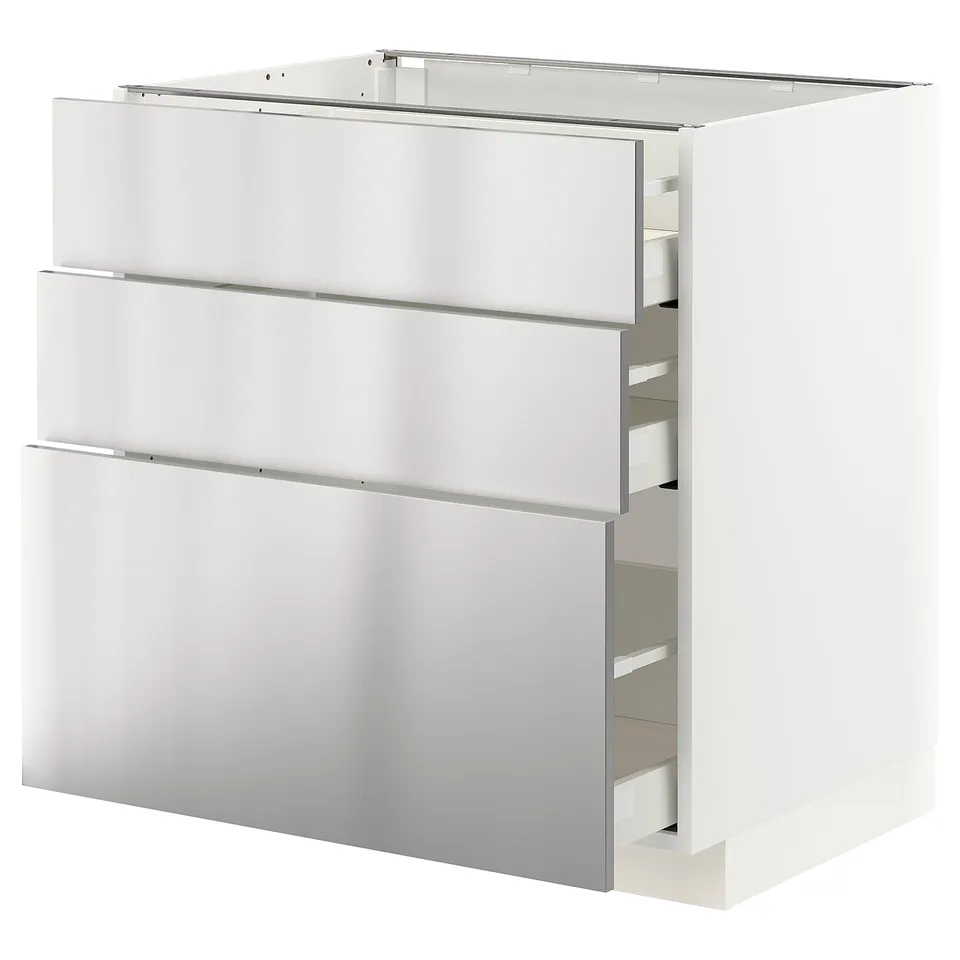 Stainless steel METOD kitchen cabinet with multiple drawers.